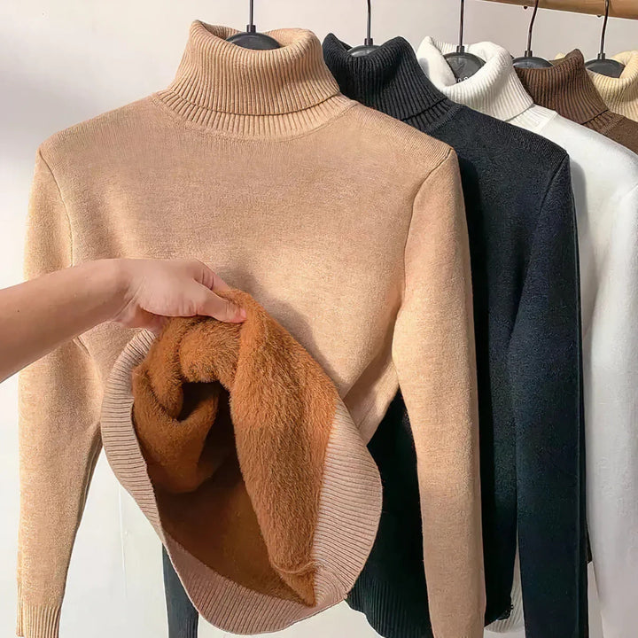 Women's Plush-Lined Turtleneck Jumper - beige