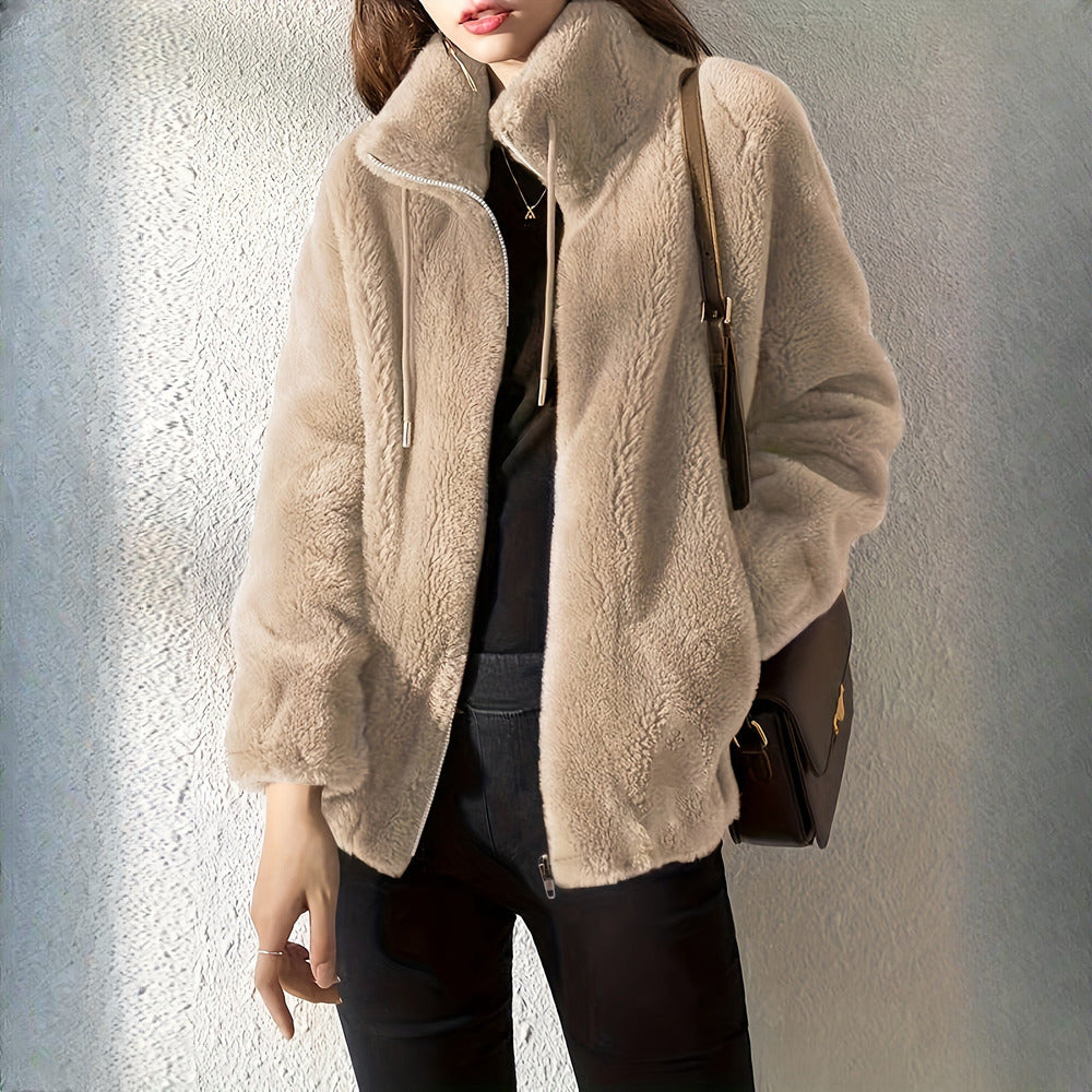 Women's plush stand-collar zip jacket in beige, front view