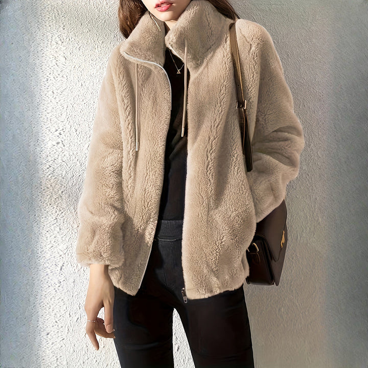 Women's plush stand-collar zip jacket in beige, front view