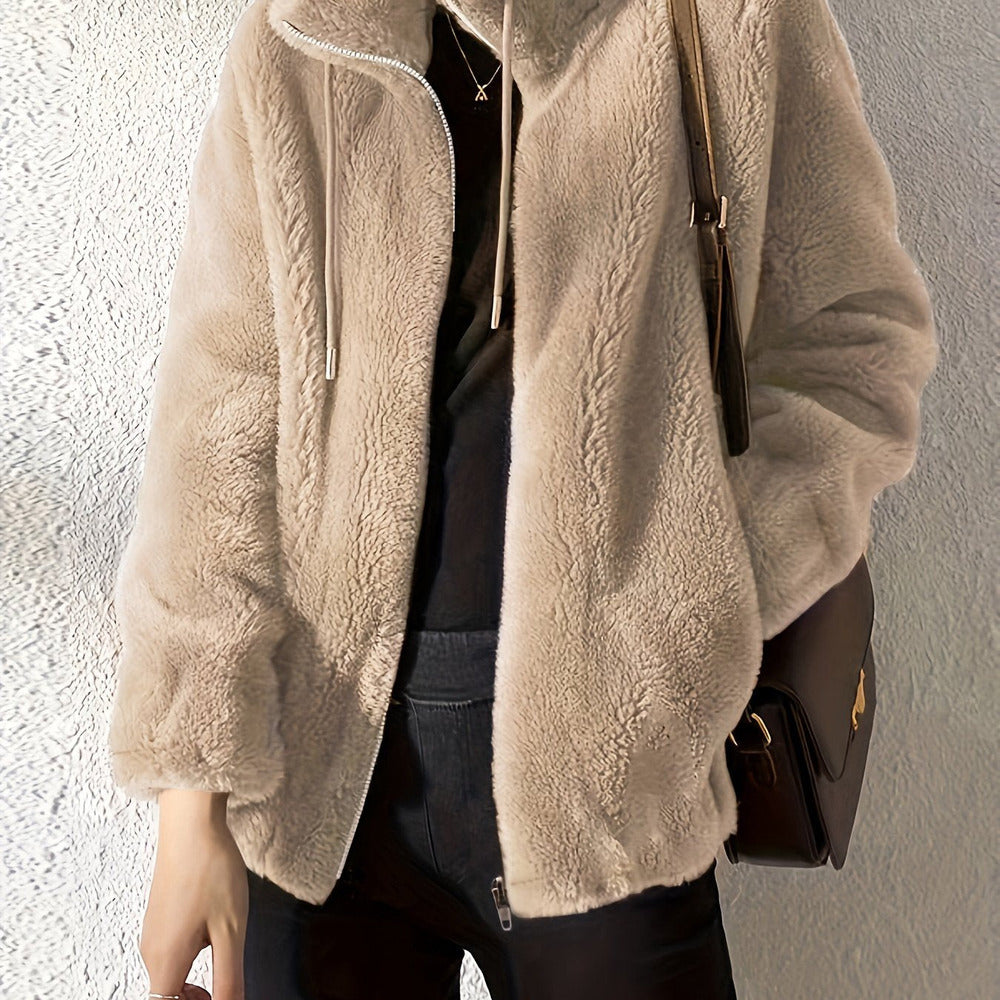 Women's plush stand-collar zip jacket in beige