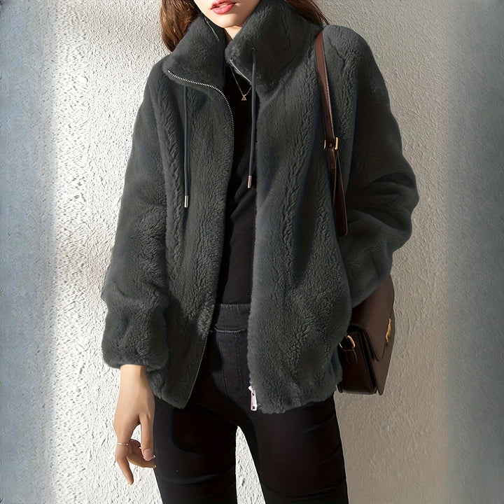 Women's plush stand-collar zip jacket in charcoal, front view