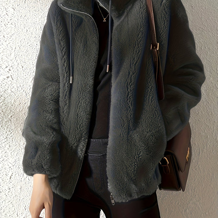 Women's plush stand-collar zip jacket in charcoal