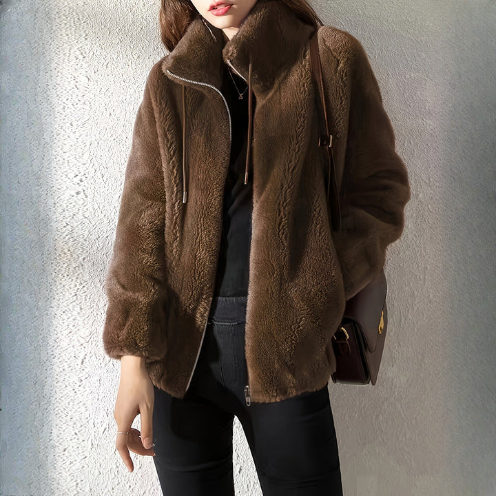 Women's plush stand-collar zip jacket in dark brown, front view