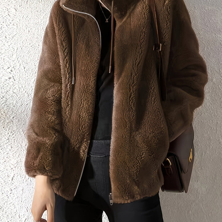 Women's plush stand-collar zip jacket in dark brown