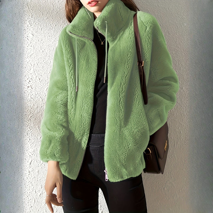 Women's plush stand-collar zip jacket in light green, front view