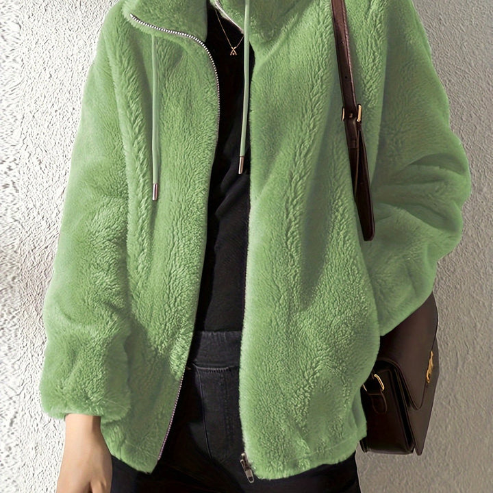 Women's plush stand-collar zip jacket in light green