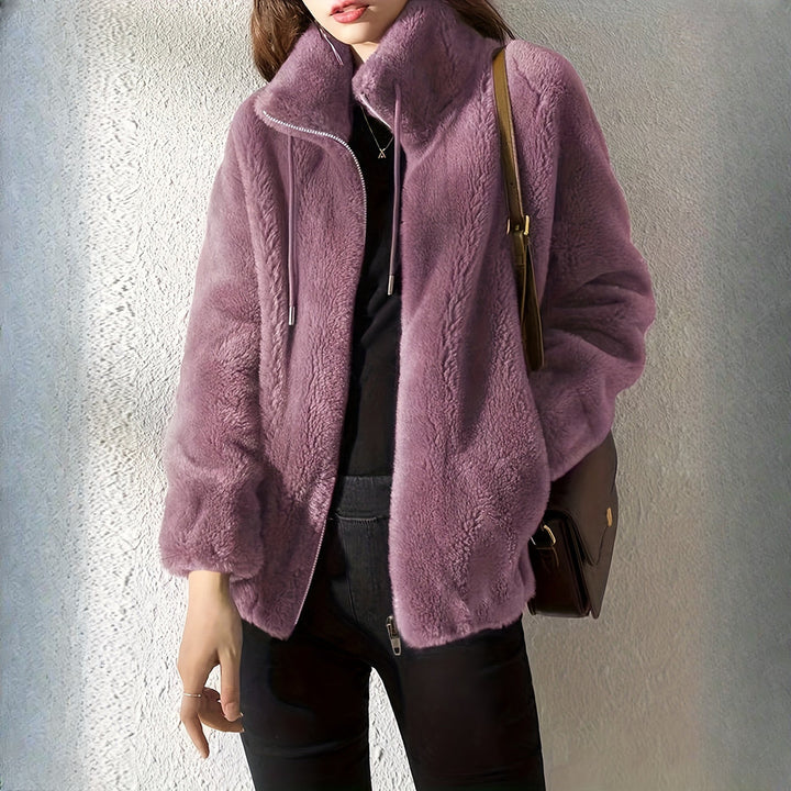Women's plush stand-collar zip jacket in lilac, front view