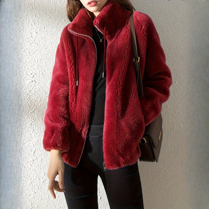Women's plush stand-collar zip jacket in red, front view