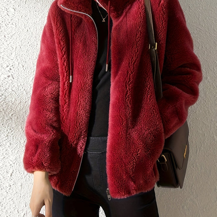 Women's plush stand-collar zip jacket in red