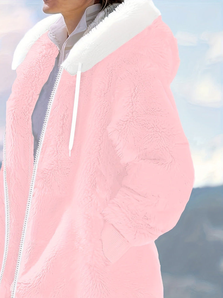 Women's plus size oversized plush zip-up hooded jacket