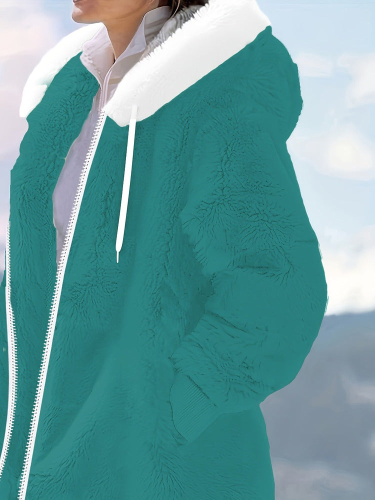 Women's plus size oversized plush zip-up hooded jacket