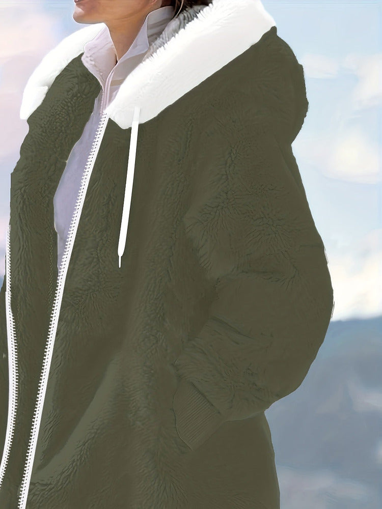 Women's plus size oversized plush zip-up hooded jacket