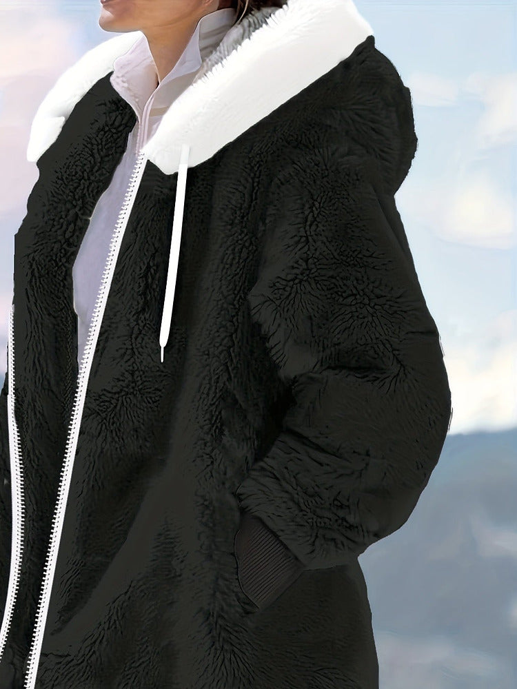Women's plus size oversized plush zip-up hooded jacket