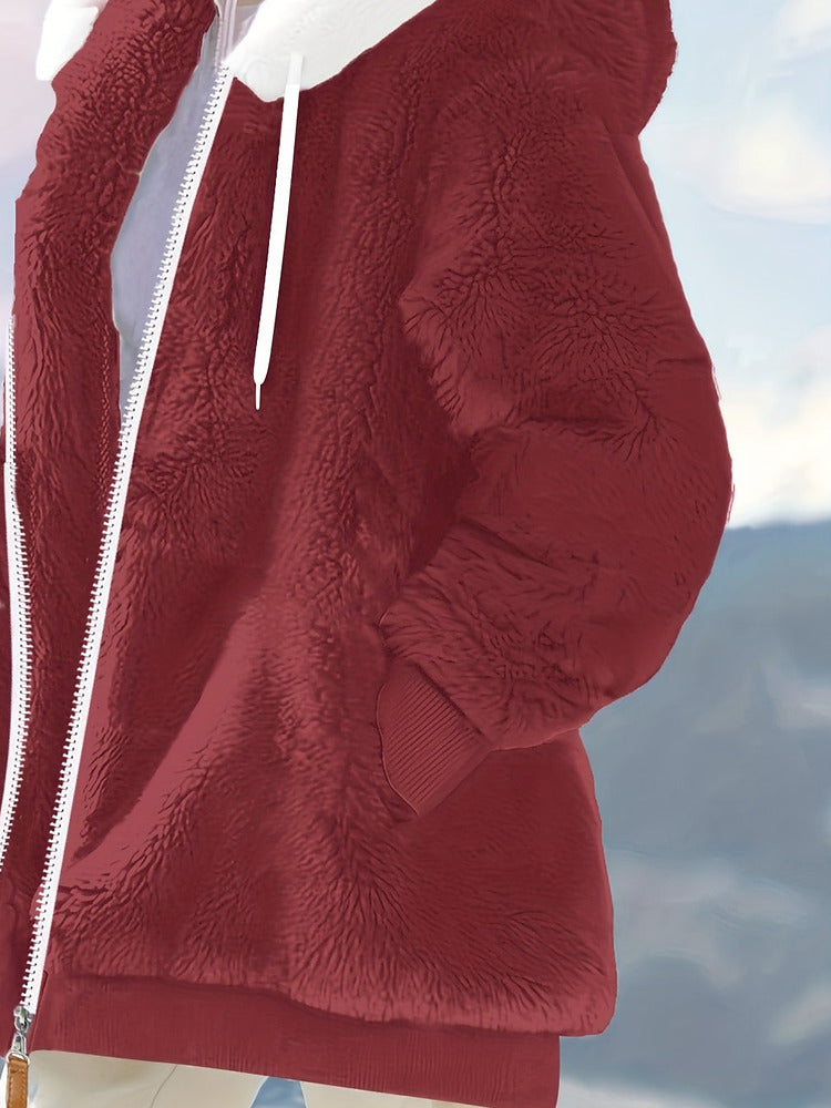 Women's plus size oversized plush zip-up hooded jacket