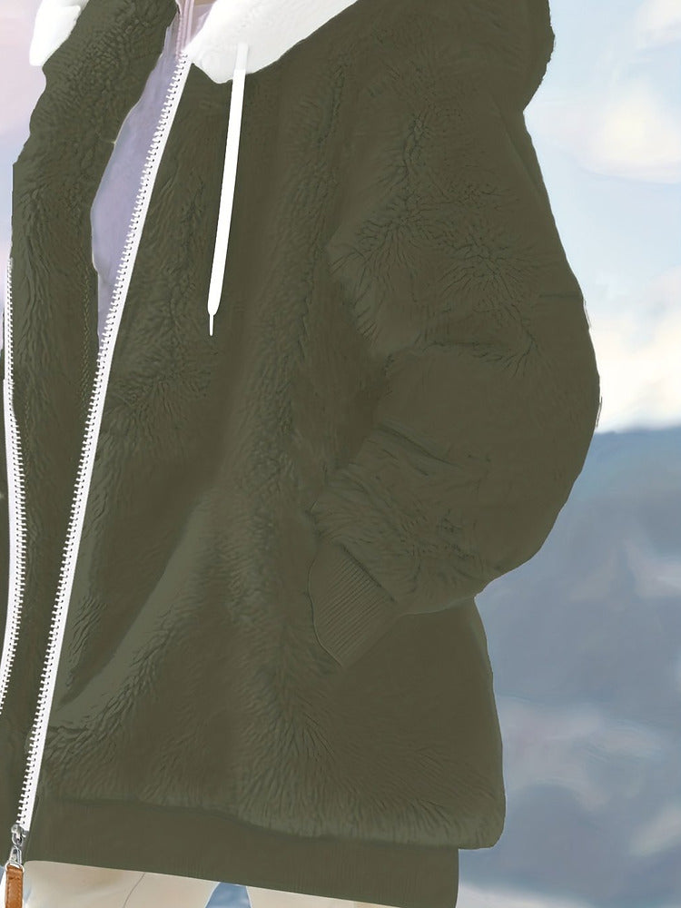 Women's plus size oversized plush zip-up hooded jacket