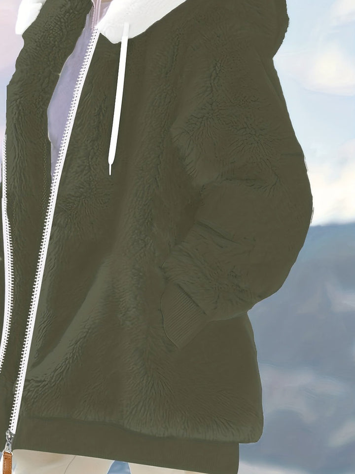Women's plus size oversized plush zip-up hooded jacket