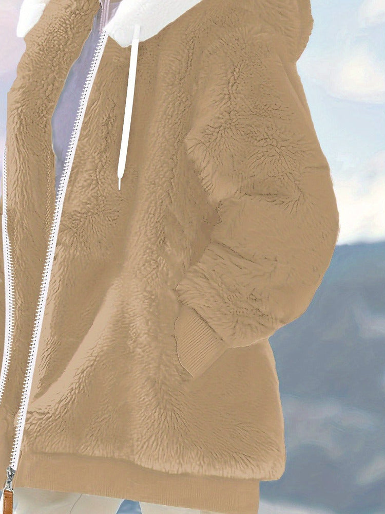 Women's plus size oversized plush zip-up hooded jacket