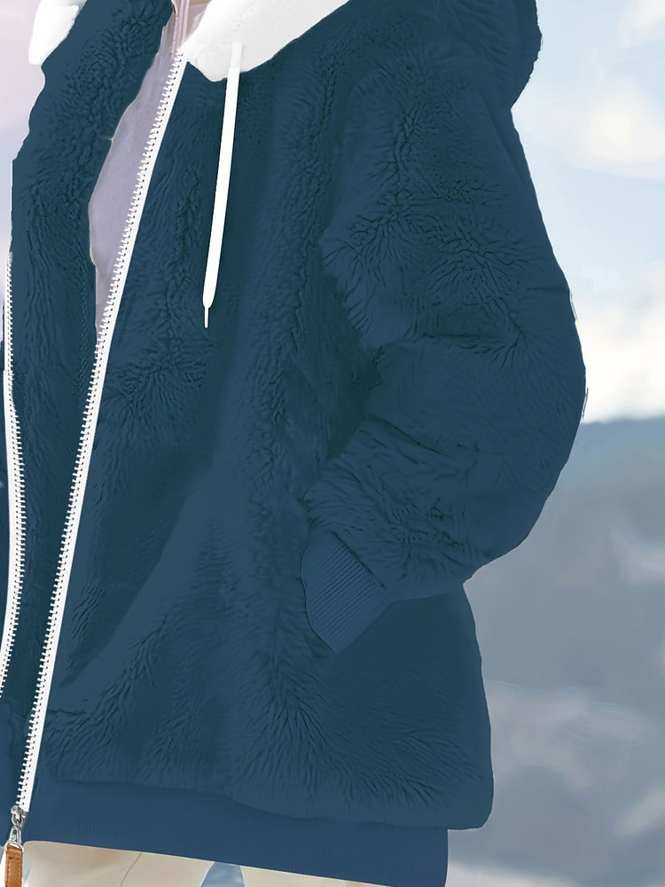 Women's plus size oversized plush zip-up hooded jacket