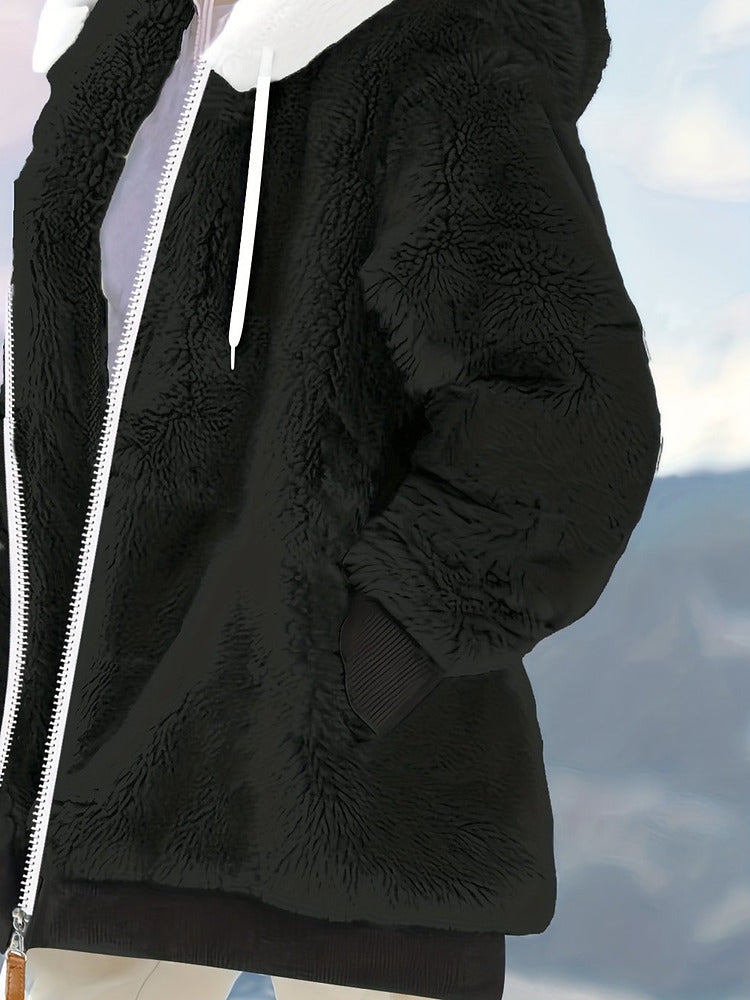 Women's plus size oversized plush zip-up hooded jacket