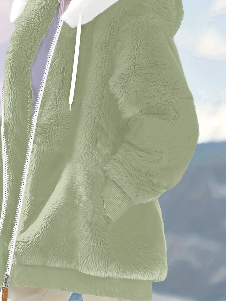 Women's plus size oversized plush zip-up hooded jacket