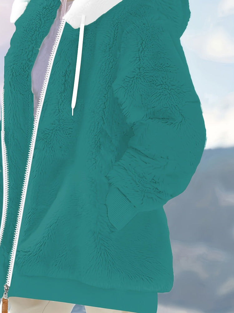 Women's plus size oversized plush zip-up hooded jacket