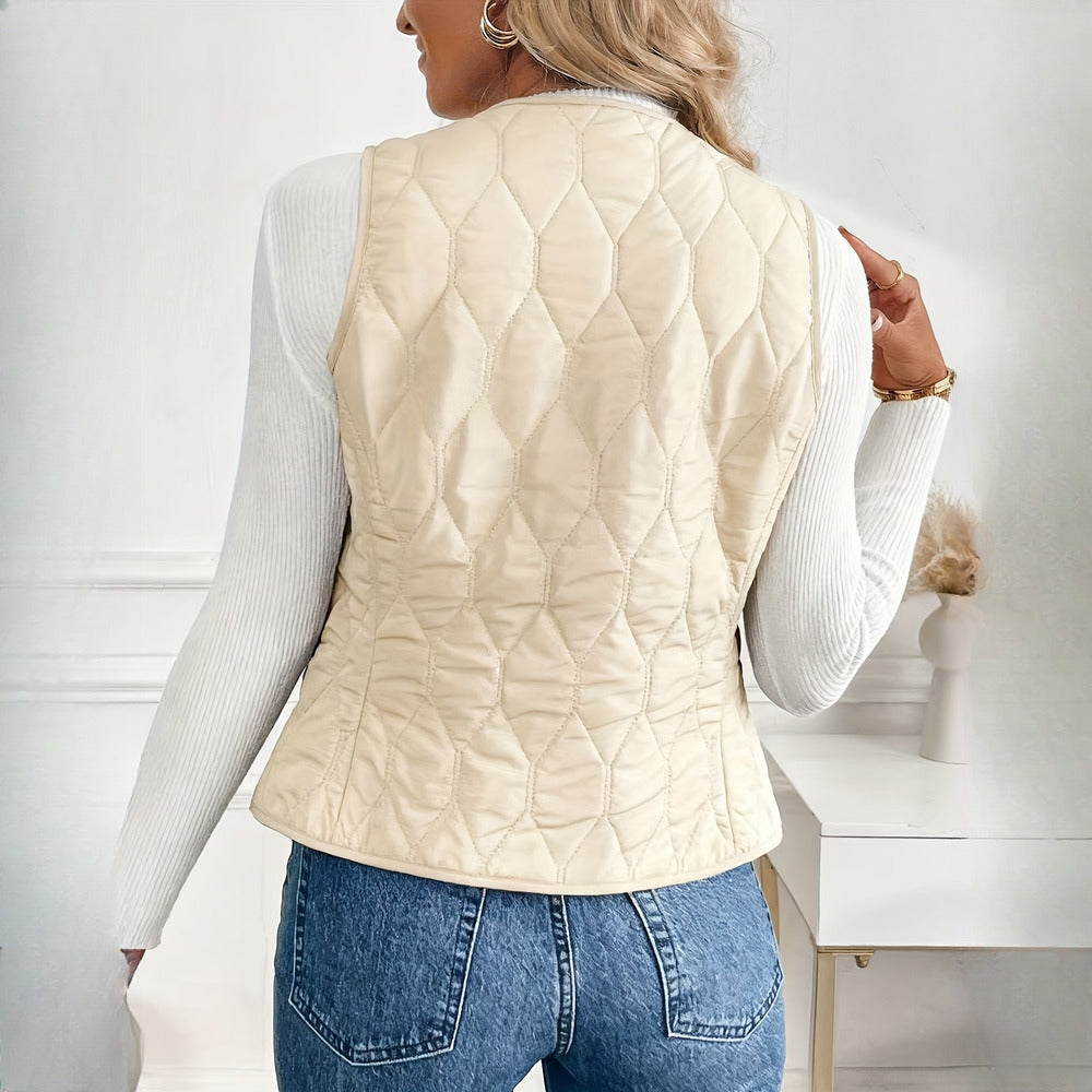 Women's quilted plush-lined gilet in cream, back view