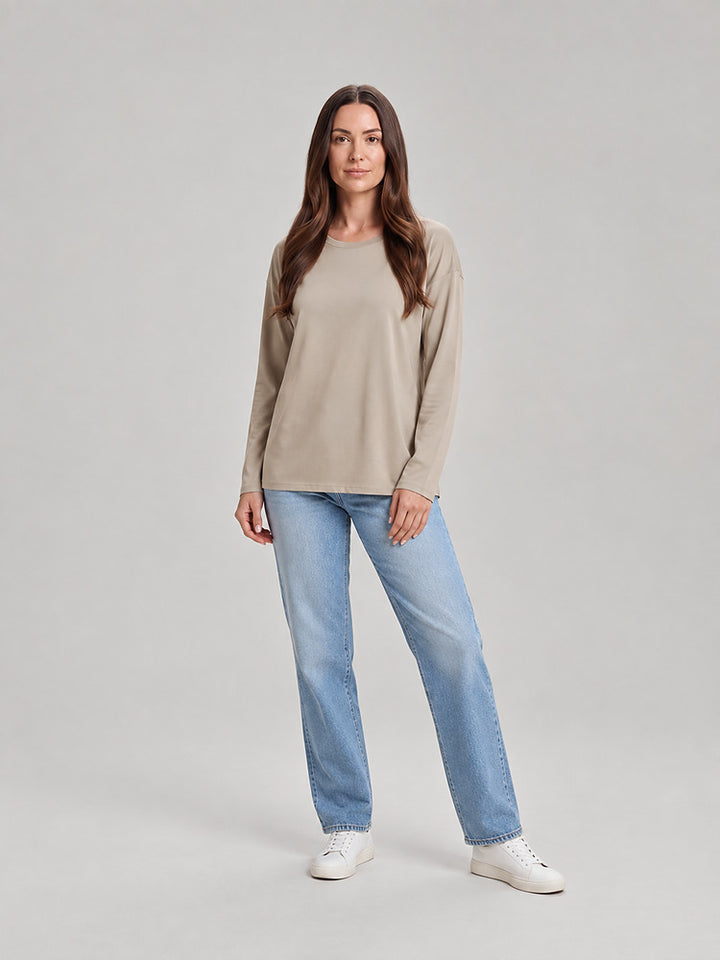Women's relaxed round neck long sleeve top in beige