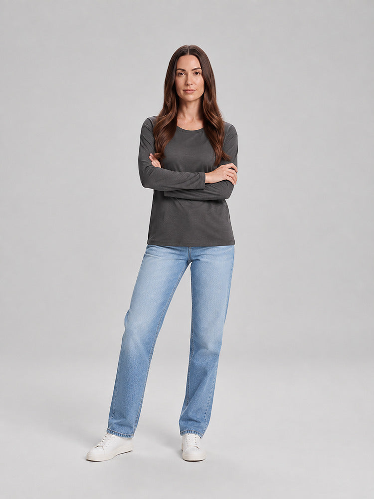 Women's relaxed round neck long sleeve top in grey