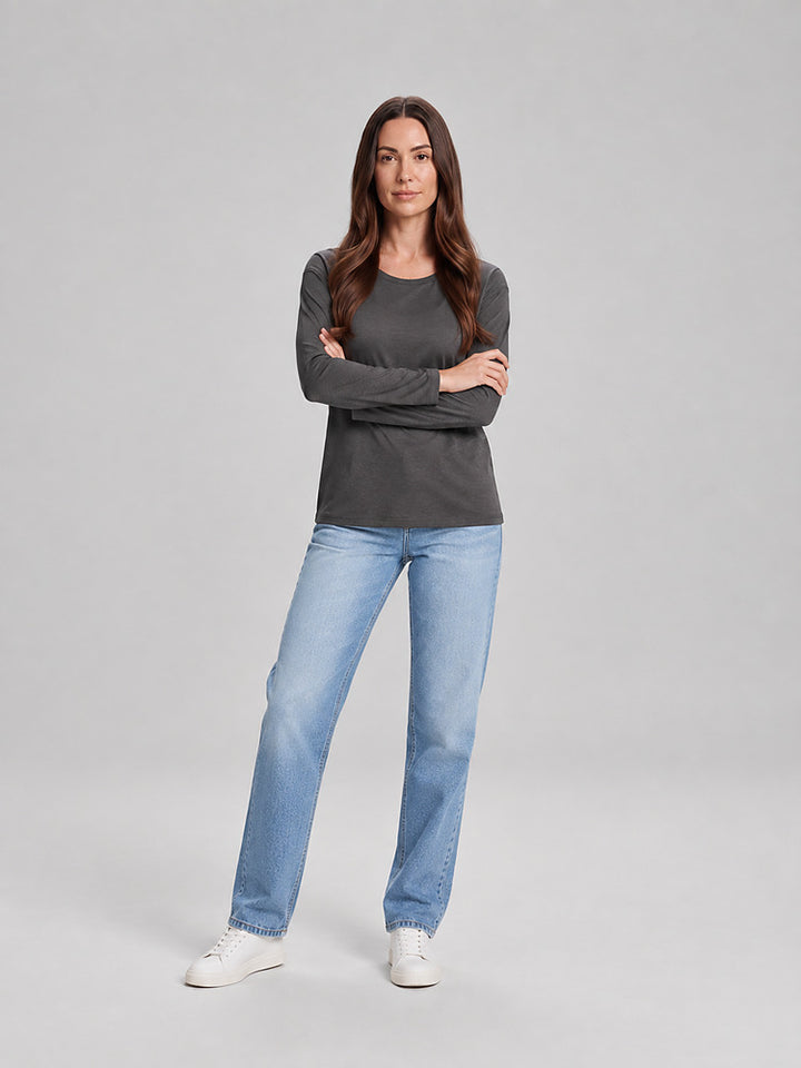 Women's relaxed round neck long sleeve top in grey