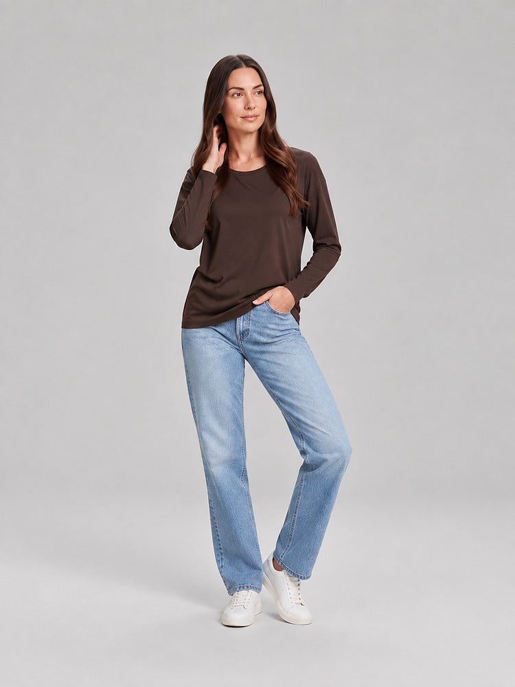 Women's relaxed round neck long sleeve top in brown