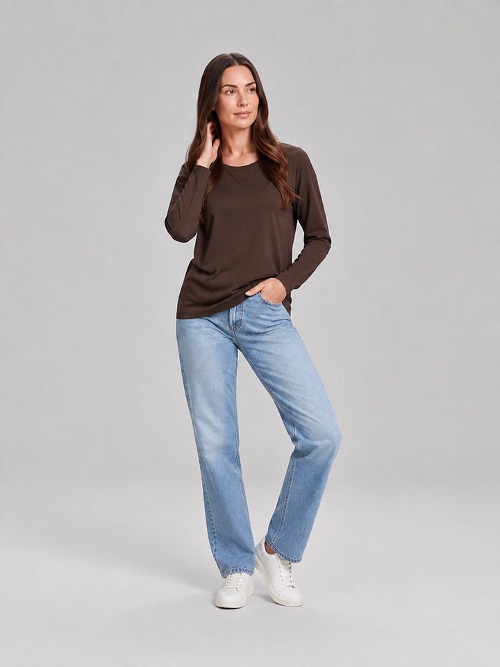 Women's relaxed round neck long sleeve top in brown
