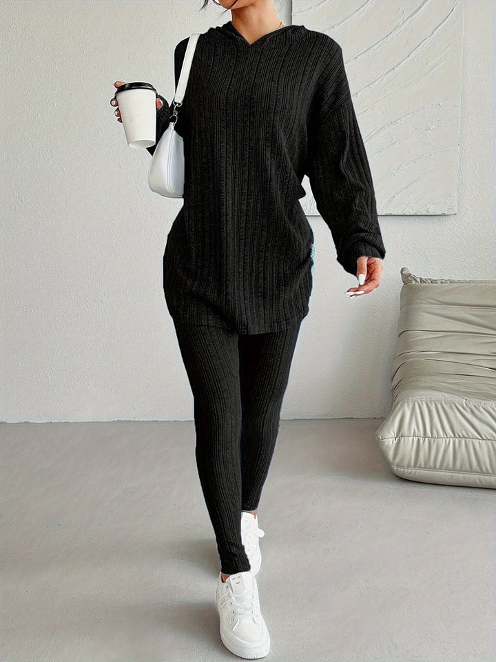 Women's ribbed hooded top and leggings set in black