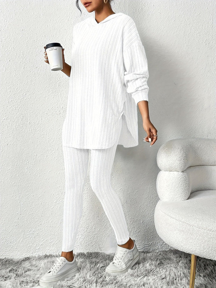 Women's ribbed hooded top and leggings set in white