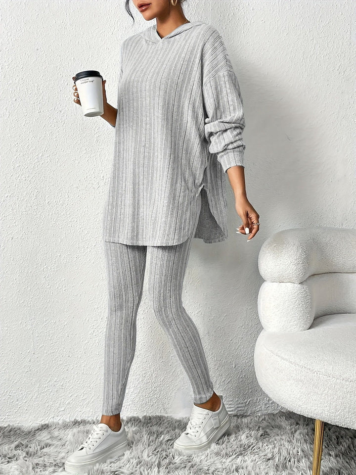 Women's ribbed hooded top and leggings set in light grey