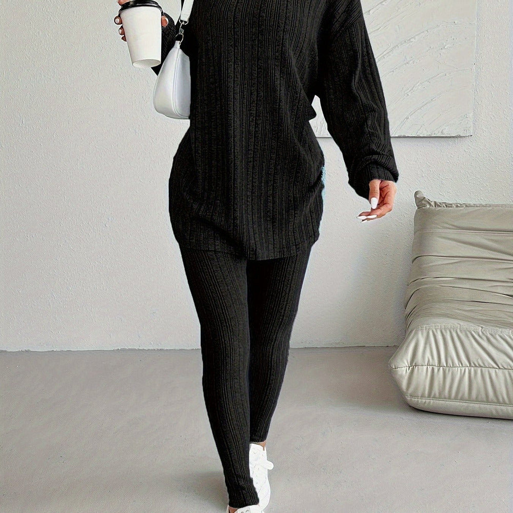 Women's ribbed hooded top and leggings set
