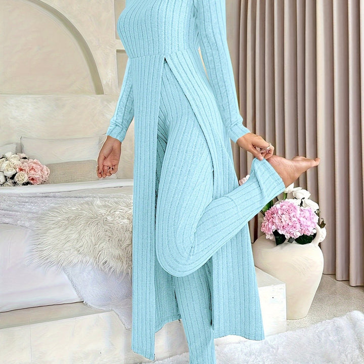 Women's ribbed longline top and trouser set in sky blue