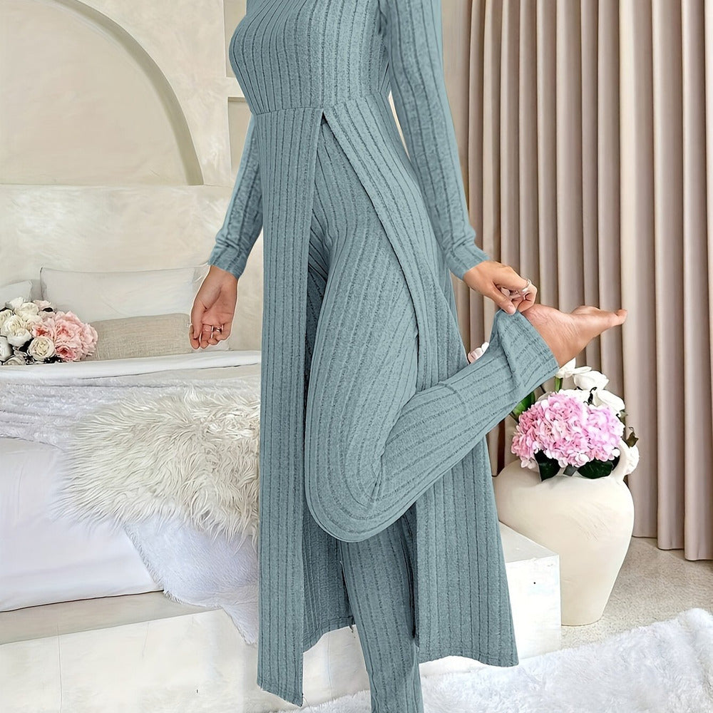 Women's ribbed longline top and trouser set in military blue