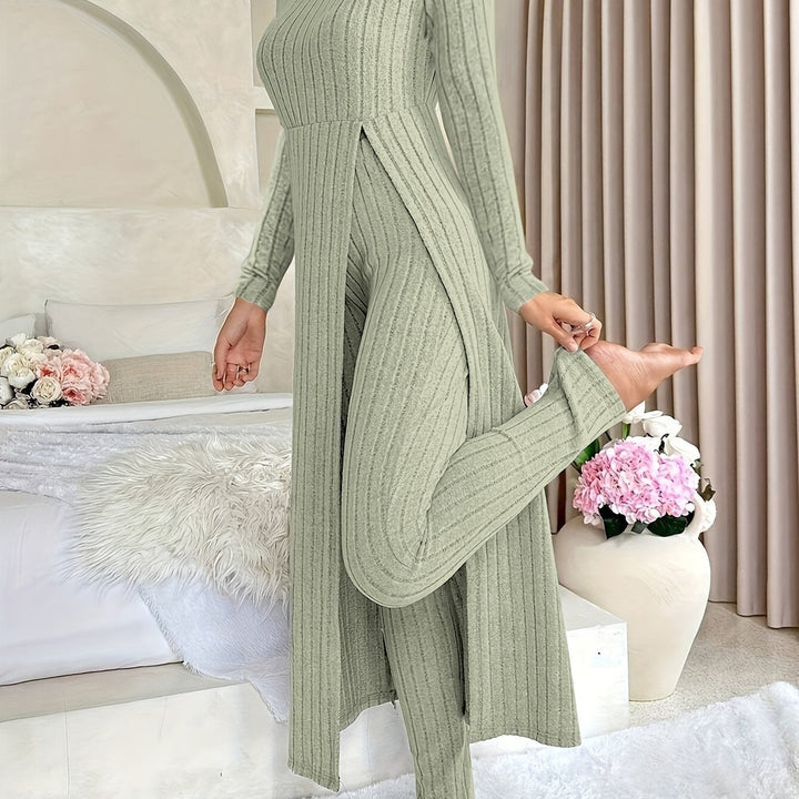 Women's ribbed longline top and trouser set in matcha green