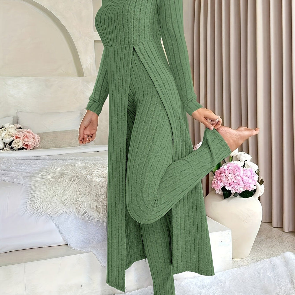 Women's ribbed longline top and trouser set in green