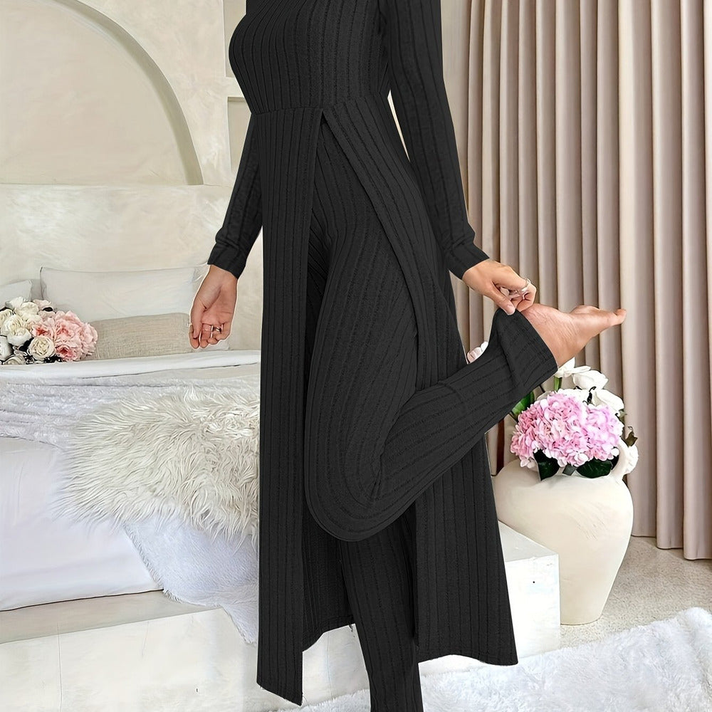 Women's ribbed longline top and trouser set in black