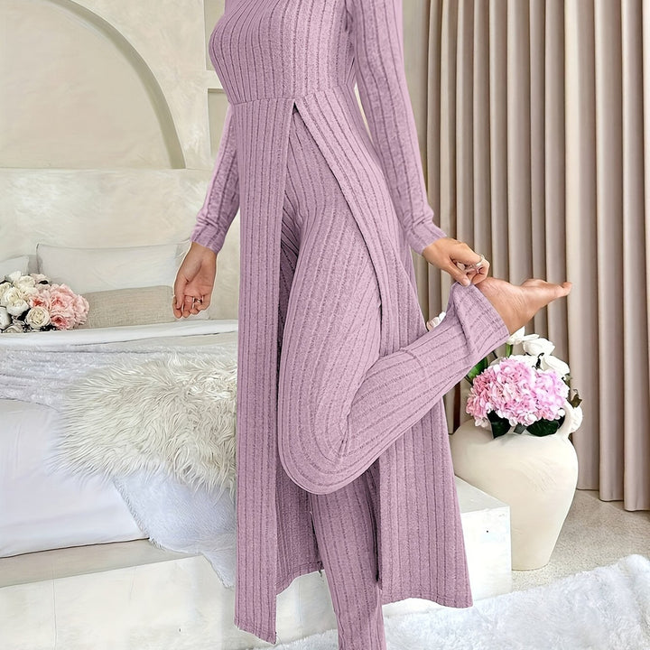 Women's ribbed longline top and trouser set in lavender