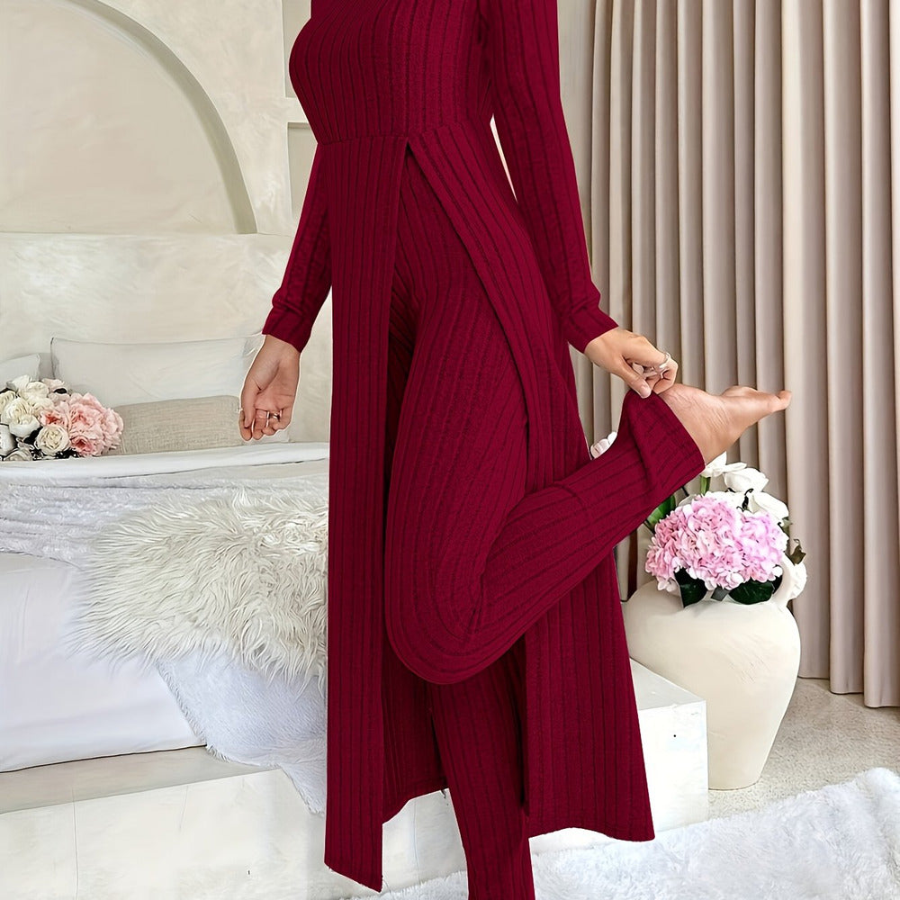 Women's ribbed longline top and trouser set in red