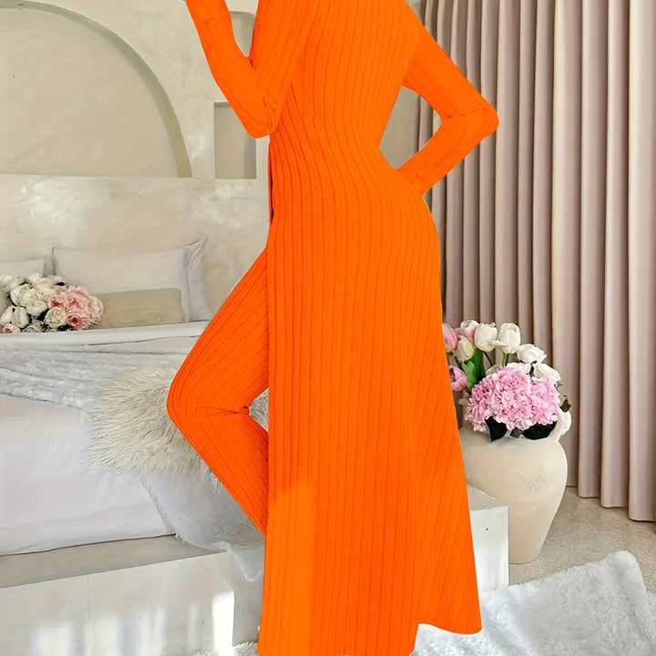 Women's ribbed longline top and trouser set in orange