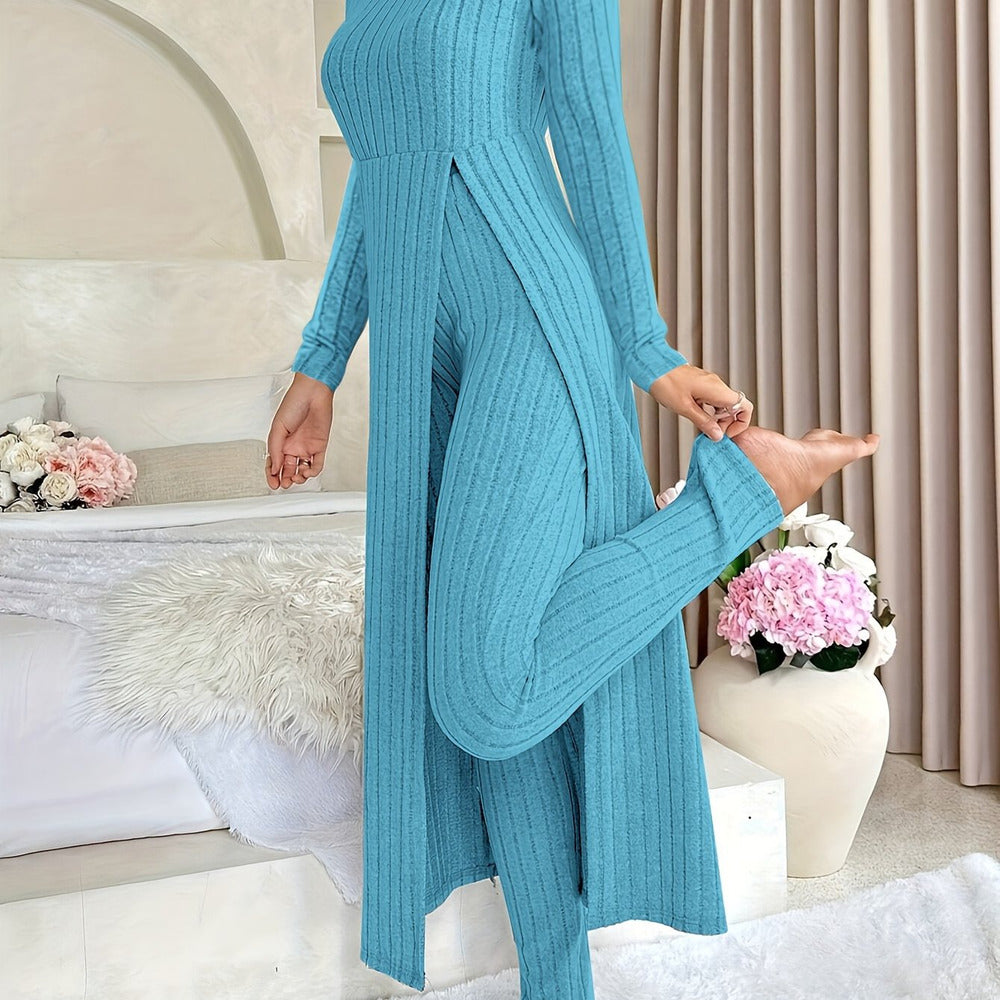 Women's ribbed longline top and trouser set in peacock blue