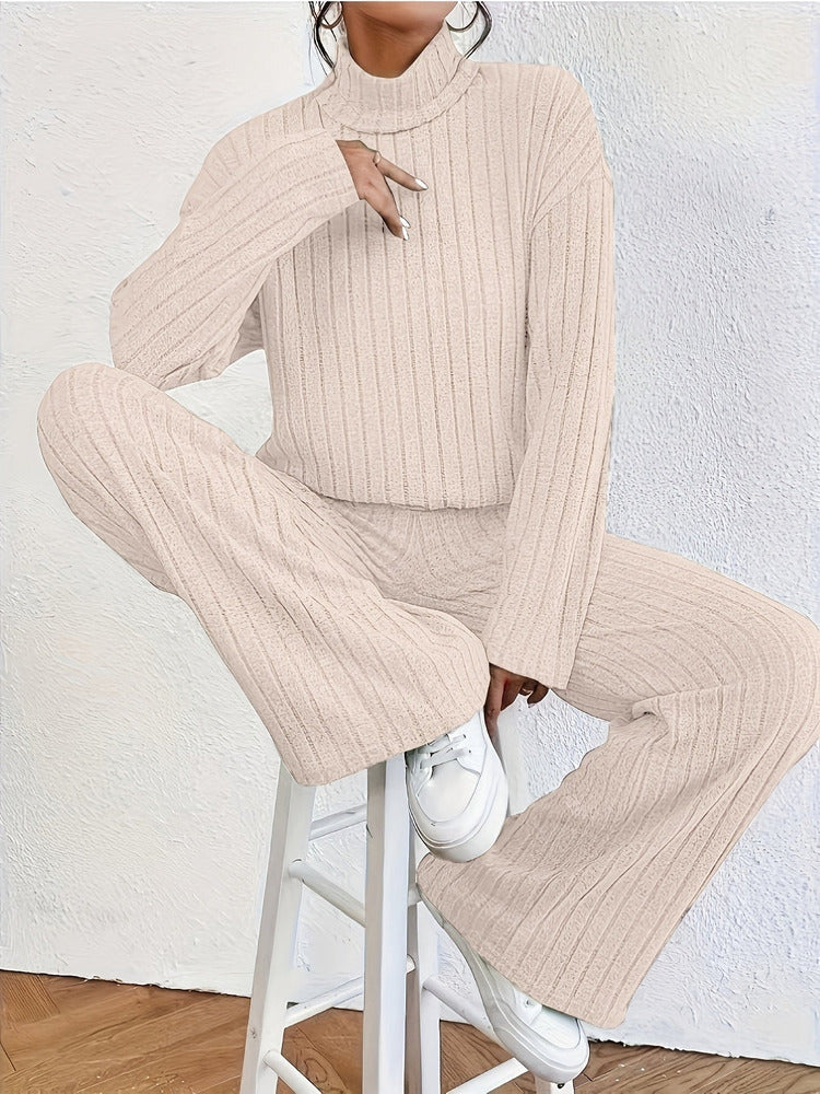 Women's roll neck jumper and wide-leg trouser set in khaki