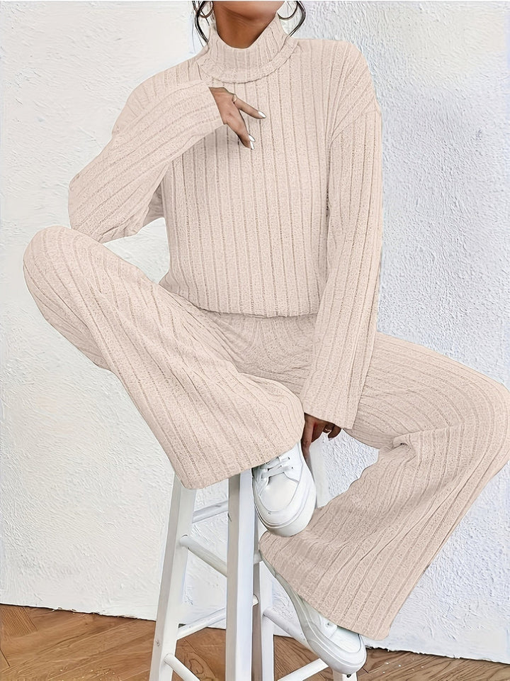Women's roll neck jumper and wide-leg trouser set in khaki