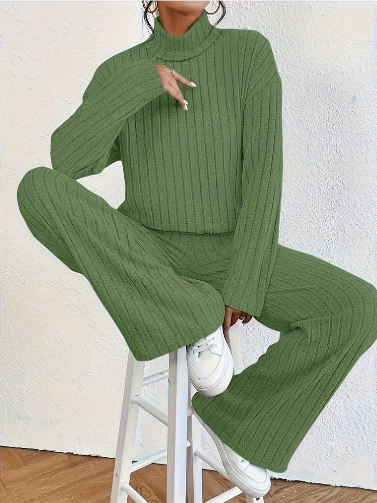 Women's roll neck jumper and wide-leg trouser set in olive green