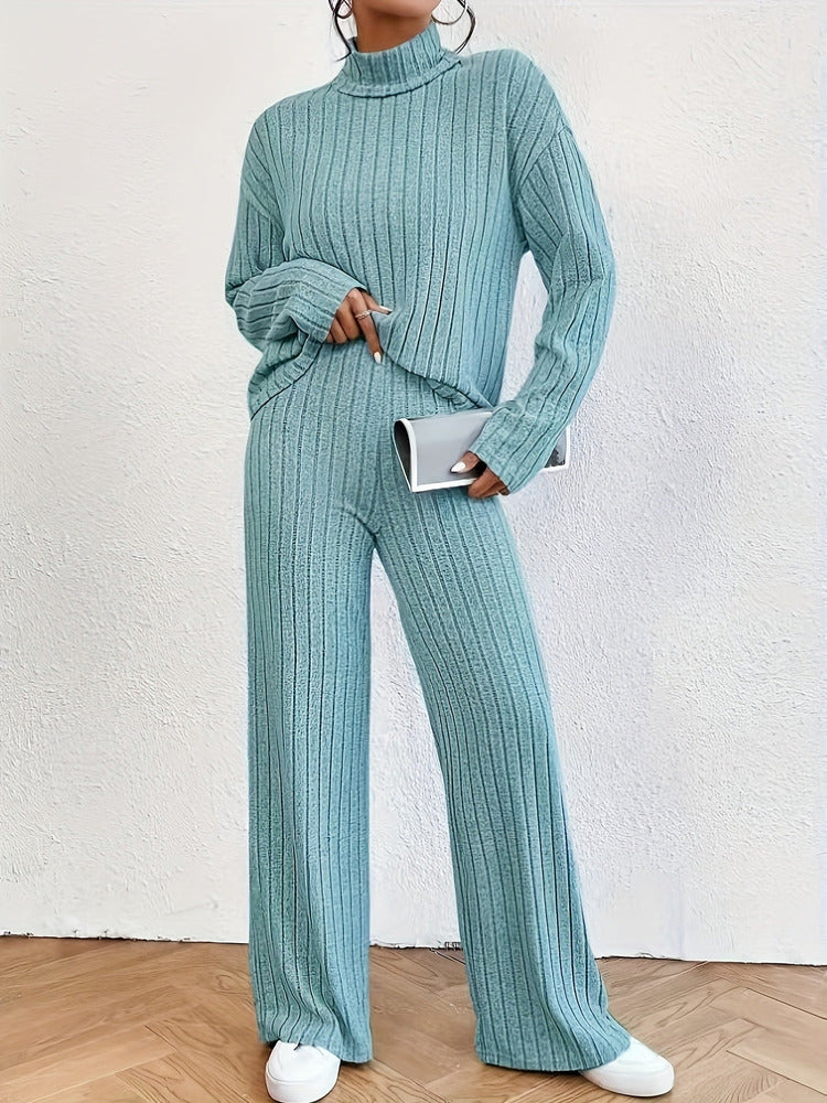 Women's roll neck jumper and wide-leg trouser set in peacock blue