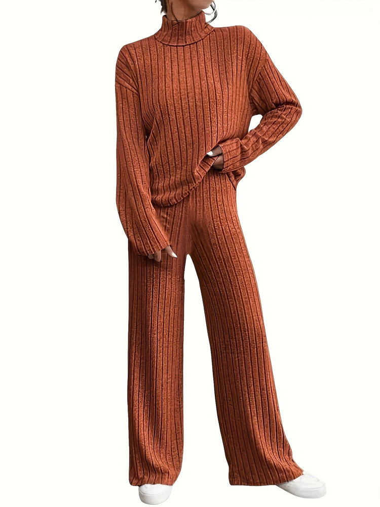Women's roll neck jumper and wide-leg trouser set in rust red