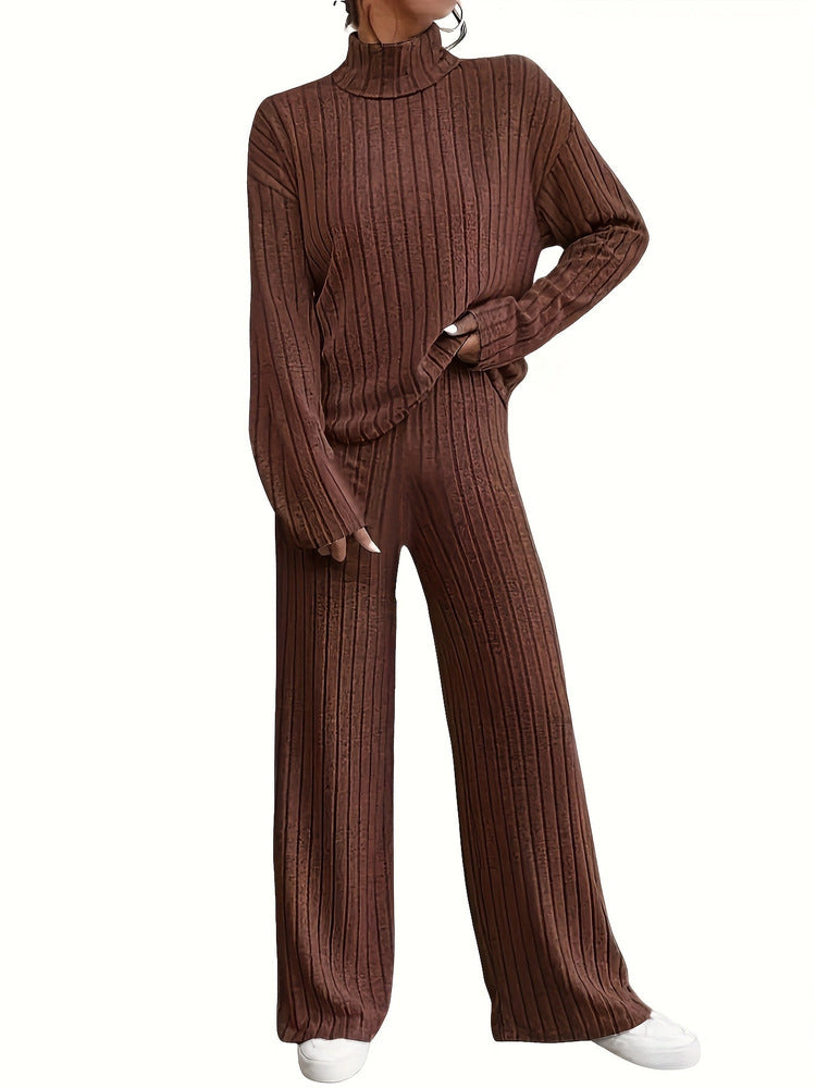 Women's roll neck jumper and wide-leg trouser set in coffee brown